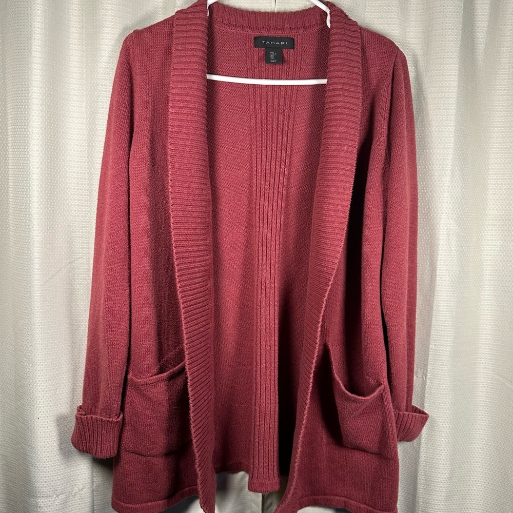 Tahari Women's Burgundy Open Front Cardigan size large comfort cozy casual offic